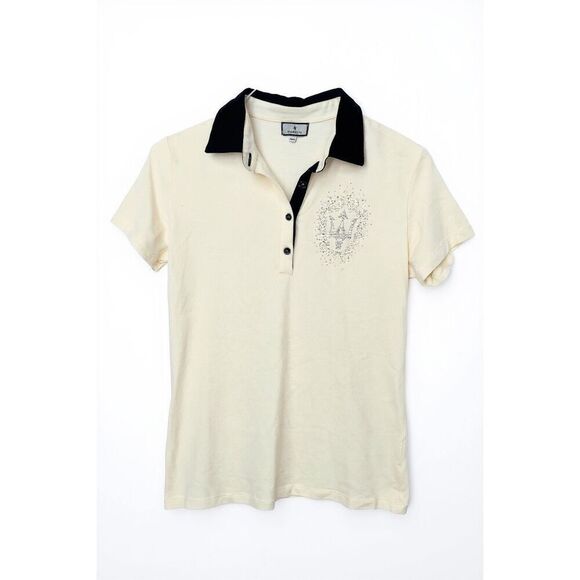 Maserati Women’s Rhinestone Logo Polo Shirt Size 2XL Cream Navy